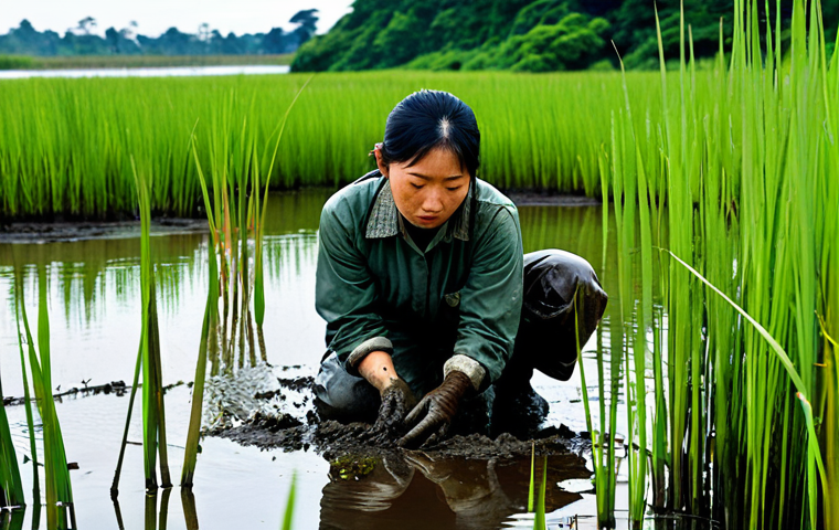 자연생태복원기사로서 환경교육 강사 도전하기 - Image Prompt 1: The Mud-Covered Ecologist's Dedication**