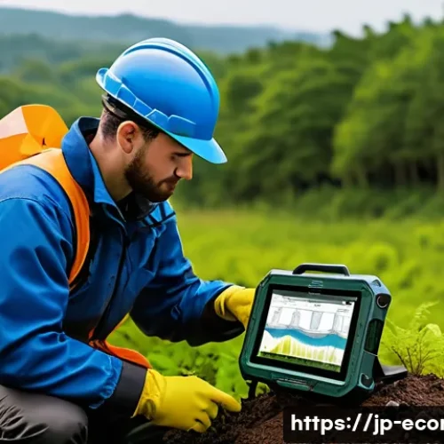 자연생태복원기사의 필수 현장 장비 소개 - A high-precision environmental sensor device setup in a natural restoration site, featuring compact,...