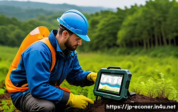 자연생태복원기사의 필수 현장 장비 소개 - A high-precision environmental sensor device setup in a natural restoration site, featuring compact,...